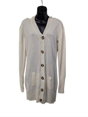 Derek Heart White Longline Hooded Cardigan Sweater Size Large Button Up Pockets